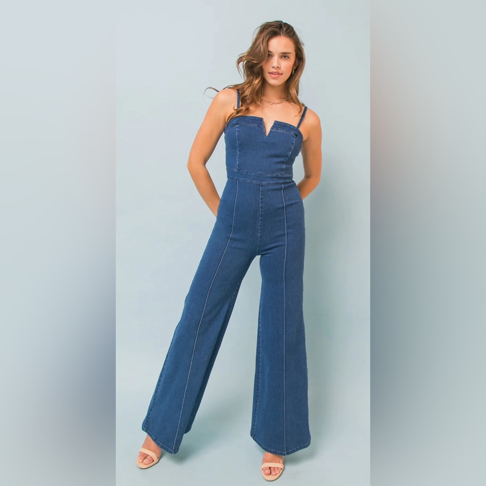 Wide leg denim jumpsuit